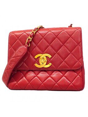 Chanel Shoulder Bag Quilted Jumbo CC Logo Lambskin Red Gold